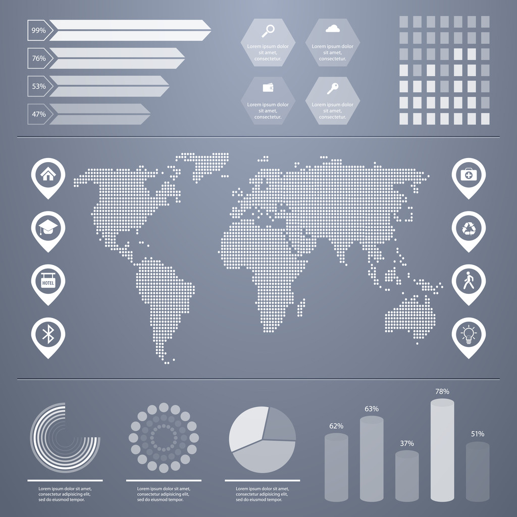 Ретро-інфографічний набір. Всесвітня карта та інформаційна графіка
 - Вектор, зображення