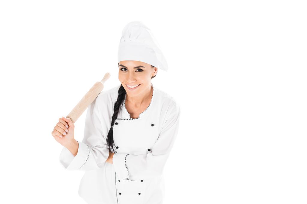Chef en chapeau tenant rouleau à pâtisserie isolé sur blanc
 - Photo, image