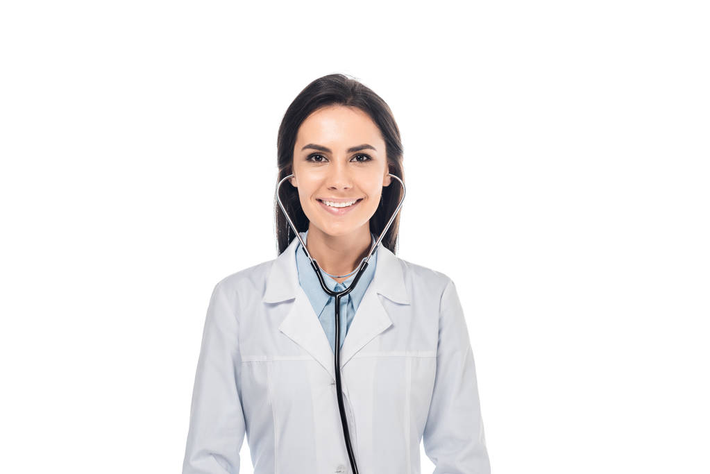 Красивий лікар у білому пальто з використанням стетоскопа ізольовано на білому
 - Фото, зображення