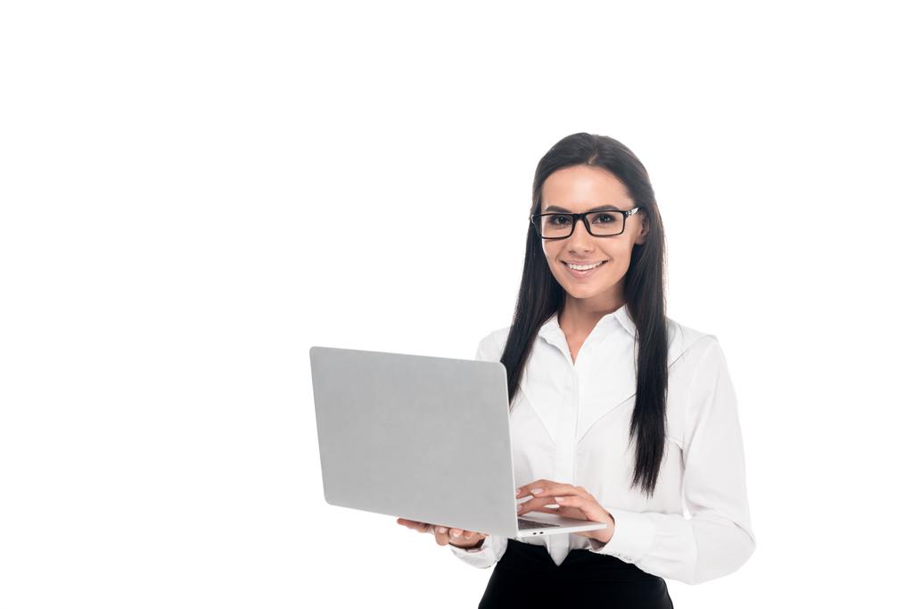 Elegant businesswoman in glasses using laptop isolated on white - Photo, Image