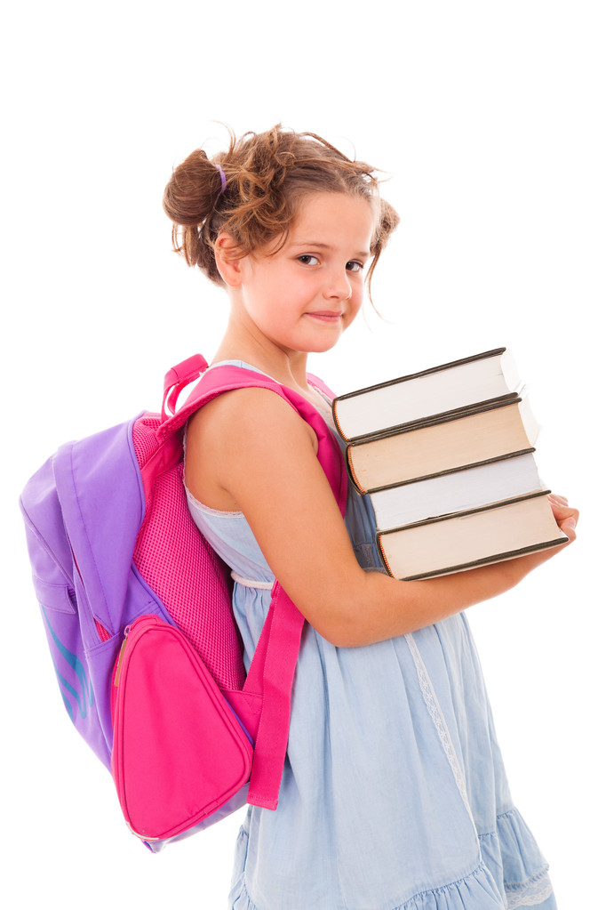 Iskolás a hátizsák carring könyvek, elszigetelt whi képe - Fotó, kép