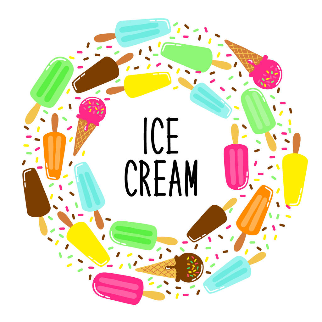 かわいいアイス クリーム コレクション フレームの背景に鮮やかなおいしい色の理想的なバナー、パッケージなど - ベクター画像