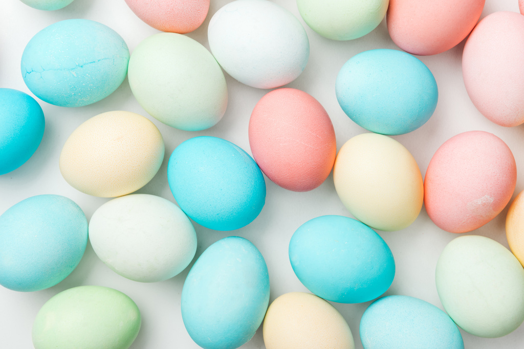 background with colorful pastel easter eggs isolated on white - Photo, Image