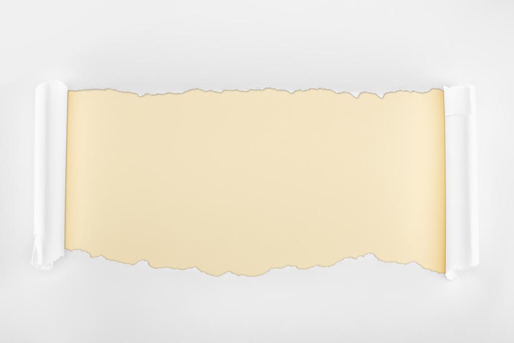 ripped textured white paper with curl edges on beige background  - Photo, Image