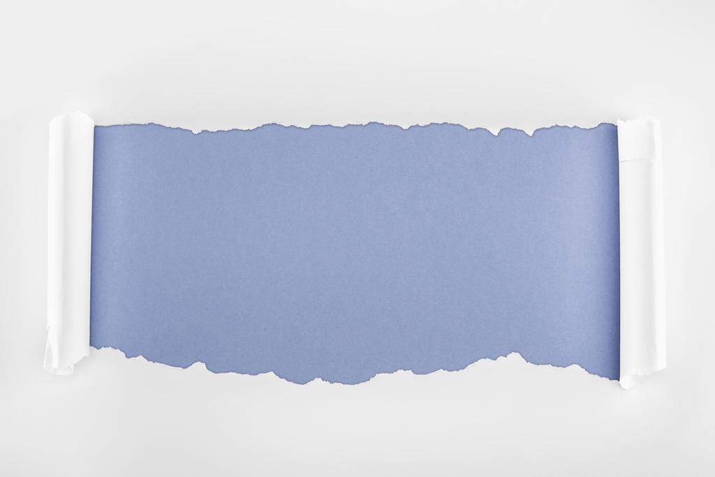 рваний білий папір з прокатними краями на синьому фоні
  - Фото, зображення