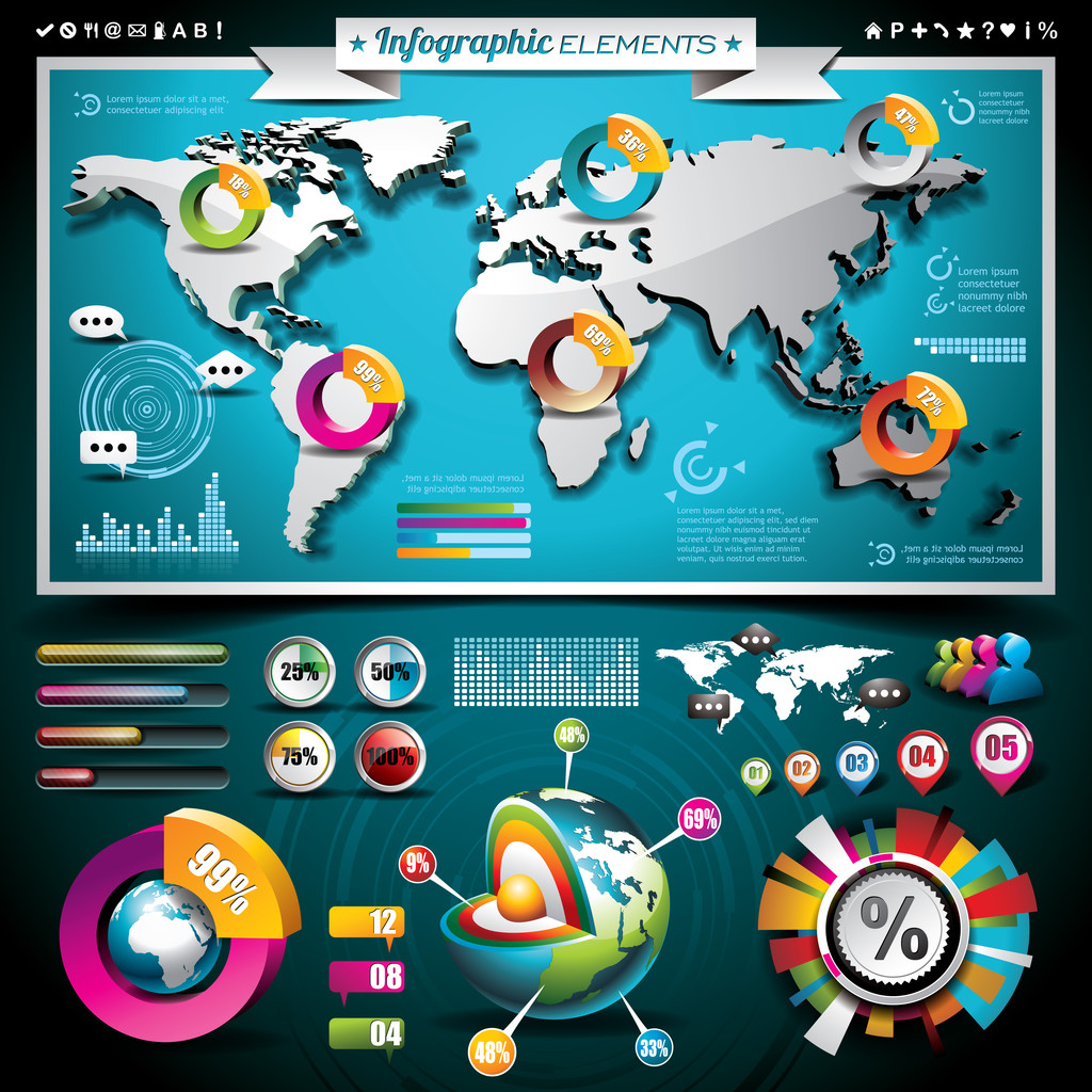 Vector design infographic elemek összessége. világ Térkép és információk grafikus. - Vektor, kép