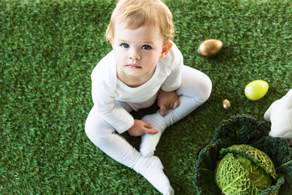vista superior de un niño adorable mirando a la cámara mientras está sentado cerca de los huevos de Pascua, conejo decorativo y col de col rizada
 - Foto, Imagen