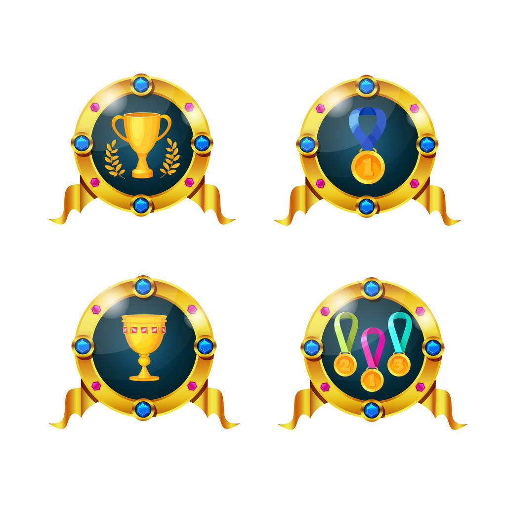 Set of awards, badges, achievements. Icons of gold cups, medals. - Vector, Image
