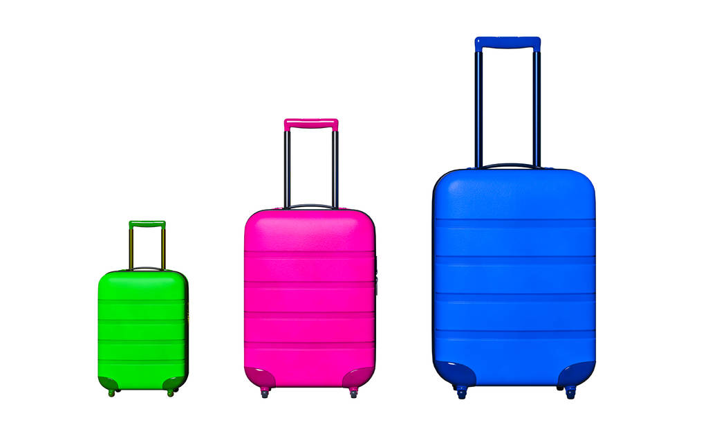 Három bőrönd. Utazási poggyász koncepció. Minimál stílus. Másolja a hely. Családi nyaralás-pihenés, kikapcsolódás, relaxáció. 3D rendering illusztráció elkülönítése - Fotó, kép