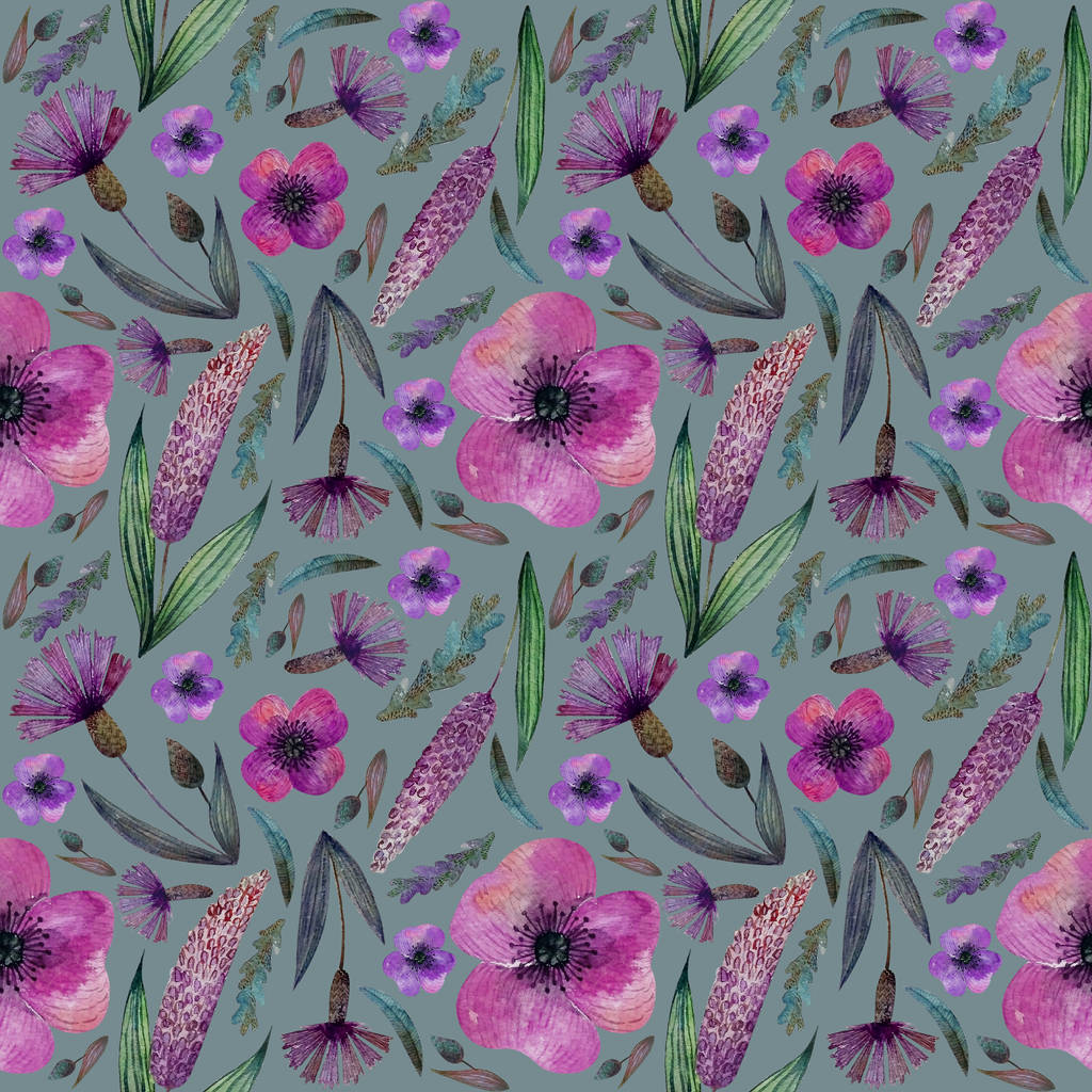 seamless pattern meadow pink lilac flowers and herbs, cornflowers,  on gray blue background - Photo, Image