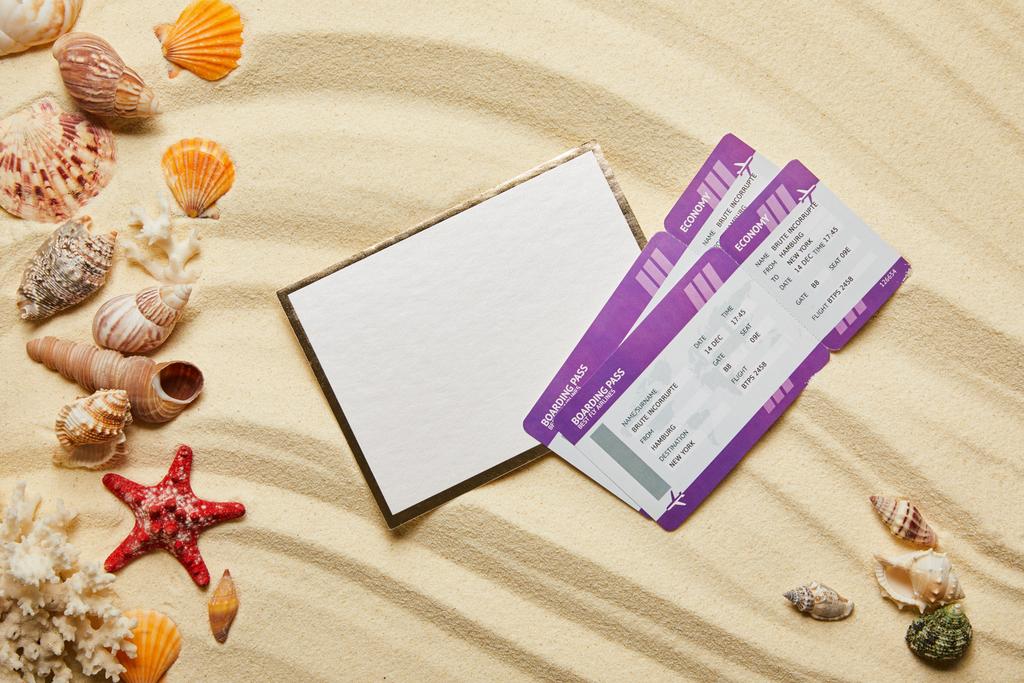 Κορυφαία θέα του κενού πλακάτ κοντά σε αεροπορικά εισιτήρια και κοχύλια στην αμμώδη παραλία  - Φωτογραφία, εικόνα