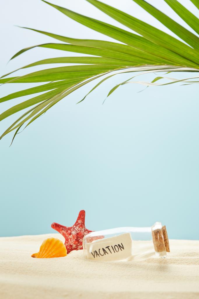 zelený Palmový list v blízkosti skleněné láhve s písmem na dovolené na papíře a v popelnice s hvězdými rybami na písku izolovaným na modrém - Fotografie, Obrázek