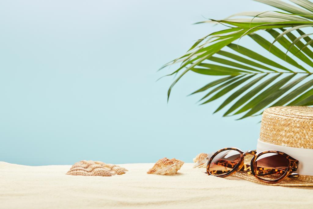 selective focus of sunglasses and straw hat near seashells and green leaves isolated on blue - Photo, Image