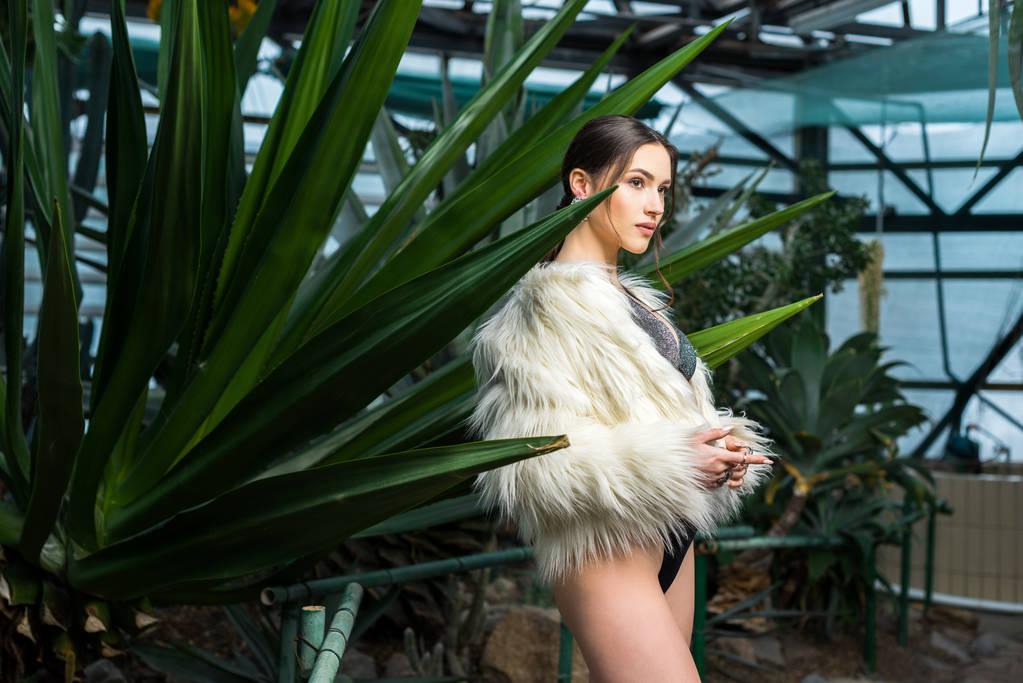 Sexy joven mujer en abrigo de piel sintética y ropa interior cerca de plantas en naranjería
 - Foto, imagen