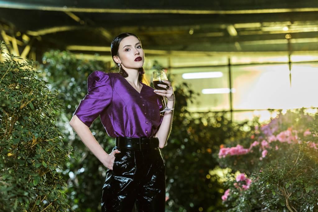 Superbe jeune femme en chemisier violet tenant verre de vin en orangerie
 - Photo, image