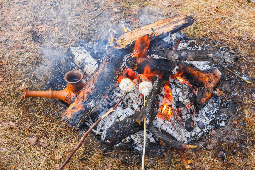 Sul rogo nella foresta primaverile, una caffettiera turca in argilla viene riscaldata contro l'erba. Nella cornice
 - Foto, immagini
