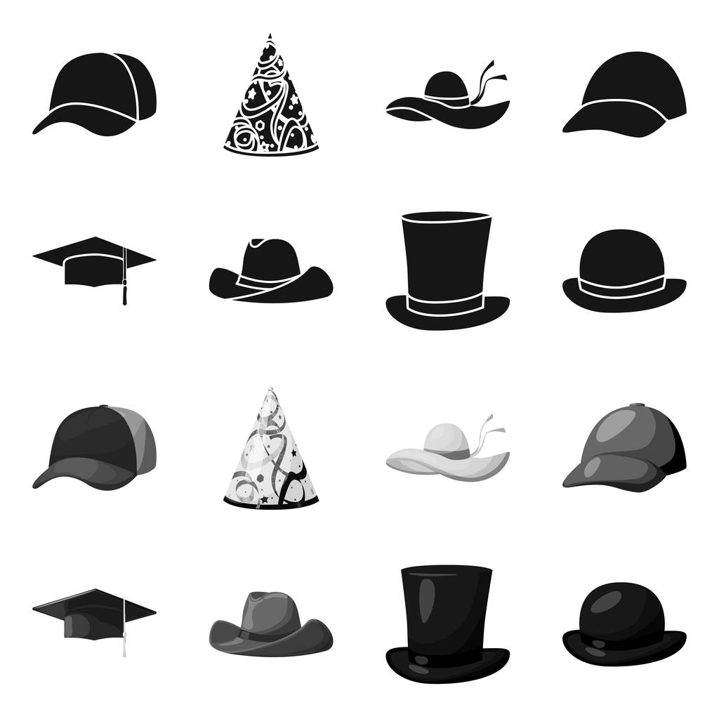 服と帽子のロゴの孤立したオブジェクト。Web 用の服とベレー帽の銘柄記号のコレクション. - ベクター画像