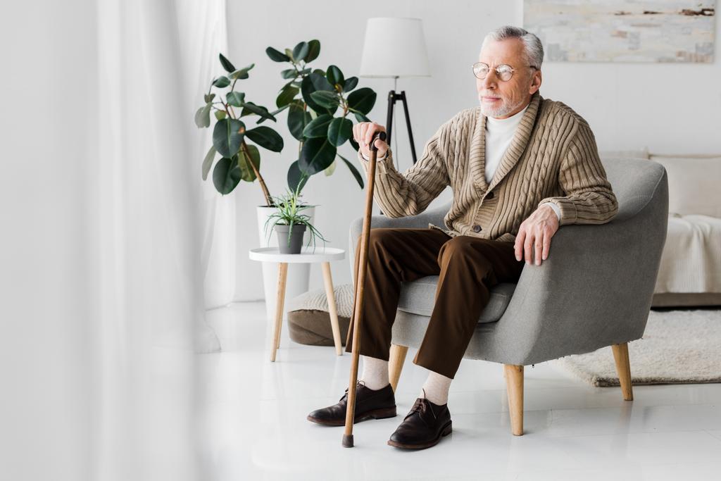 bardaklarda kamışı yürüme ile koltuk oturan emekli adam  - Fotoğraf, Görsel