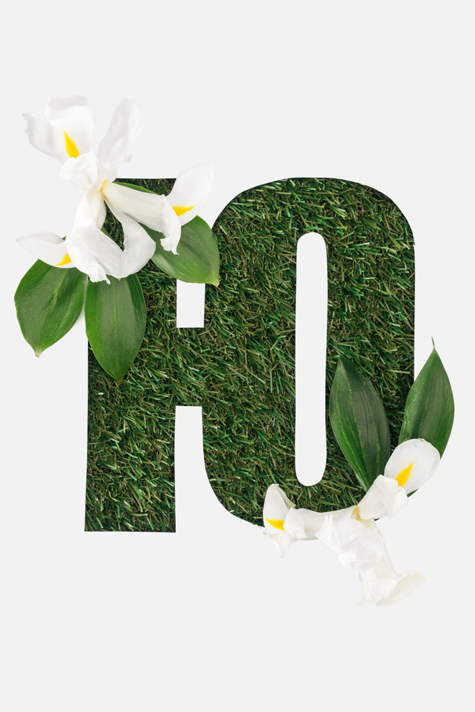 Knip uit de letter van het Cyrillische alfabet gemaakt van natuurlijke groen gras met bladeren en witte bloemen op wit wordt geïsoleerd - Foto, afbeelding