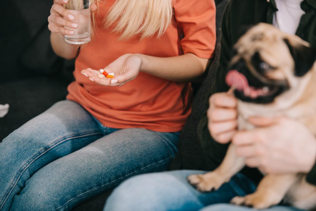 vista recortada de la mujer alérgica a las píldoras de retención de perros y vaso de agua cerca del hombre con pug
  - Foto, imagen