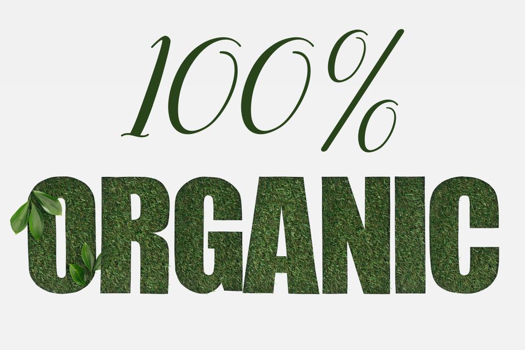 вид сверху на 100% органические буквы с зелеными листьями, изолированными на белом
 - Фото, изображение