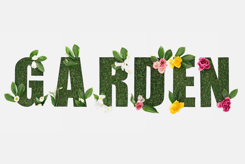 vista superior de las letras de jardín cortadas en hierba verde con flores aisladas en blanco
 - Foto, Imagen