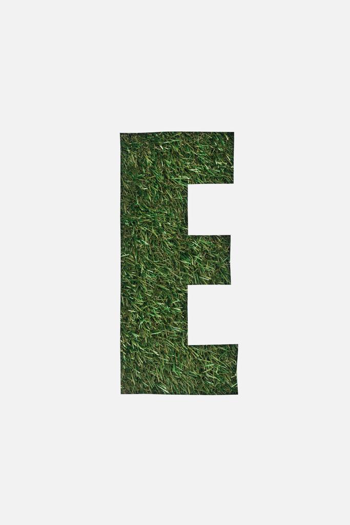 pohled shora vyříznutých E dopis na izolované na bílém pozadí zelené trávy - Fotografie, Obrázek