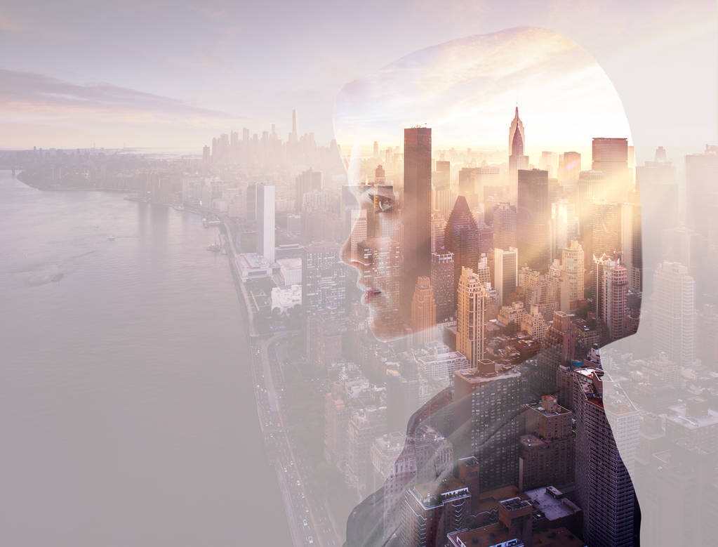 double exposure of beautiful woman profile and new york evening cityscape - Photo, Image