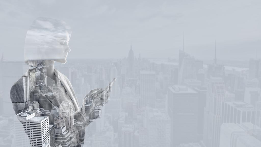 doble exposición de la mujer de negocios utilizando teléfono inteligente y paisaje urbano de Nueva York
 - Foto, imagen