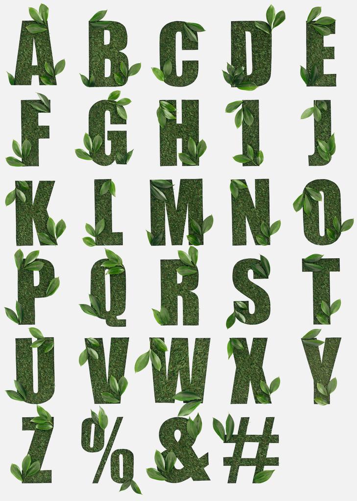 letras do alfabeto inglês feitas de grama verde com folhas frescas isoladas em branco
 - Foto, Imagem