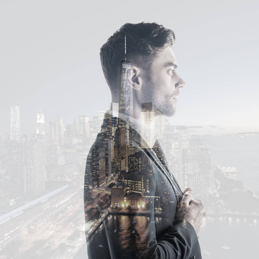 double exposure of handsome, serious man and new york cityscape  - Photo, Image