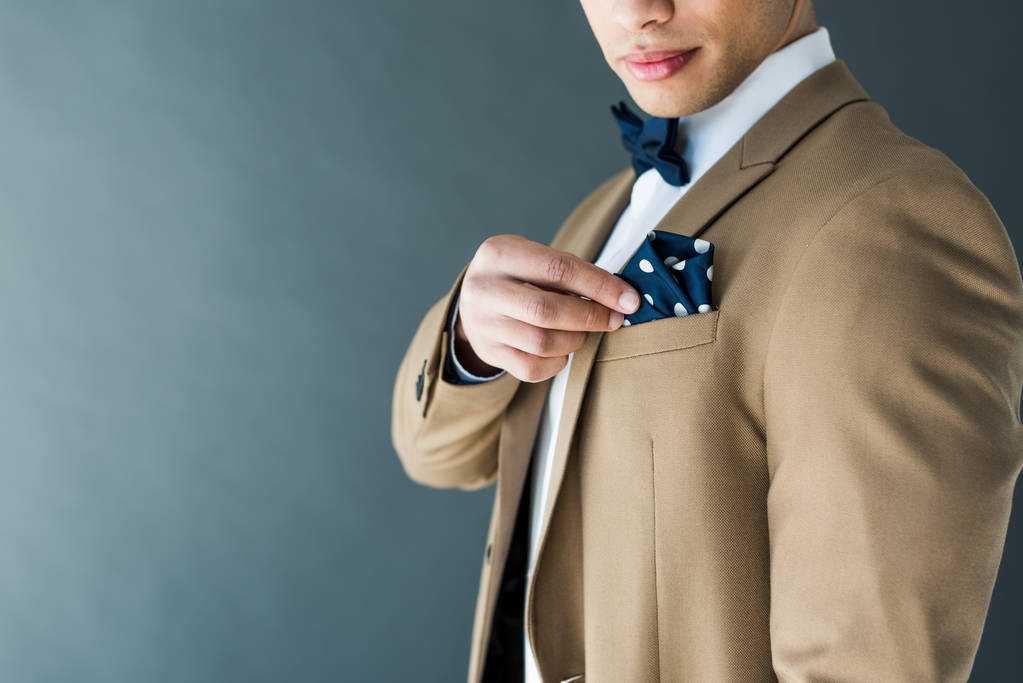 abgeschnittene Ansicht eines stilvollen Mischlings im Anzug, der Serviette isoliert auf grau mit Kopierraum anpasst - Foto, Bild