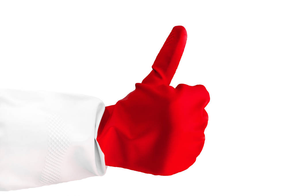 Рука крупним планом в гумовій рукавичці дає великий палець однієї руки, роблячи як жест. як знак успіху або схвалення ізольовано на білому тлі. Горизонтальна кольорова фотографія. знак як
 - Фото, зображення