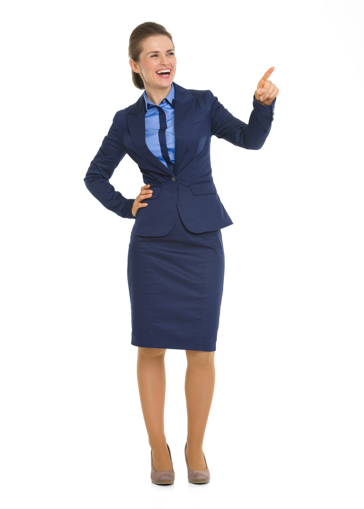 Retrato de comprimento total de mulher de negócios feliz apontando em cópia sp
 - Foto, Imagem