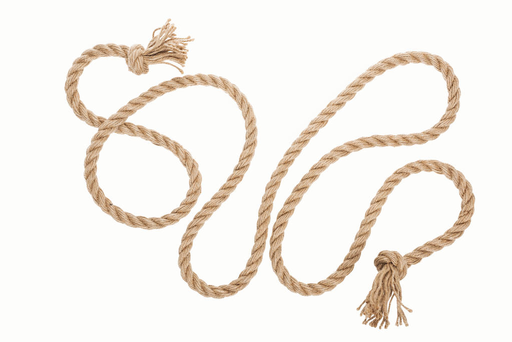 cuerda larga de yute con rizos y nudos aislados en blanco
  - Foto, imagen