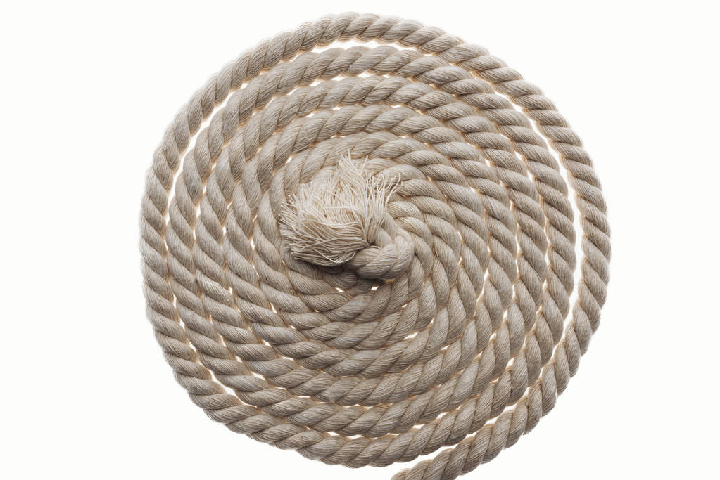cuerda larga marrón y retorcida con nudo aislado en blanco
  - Foto, Imagen
