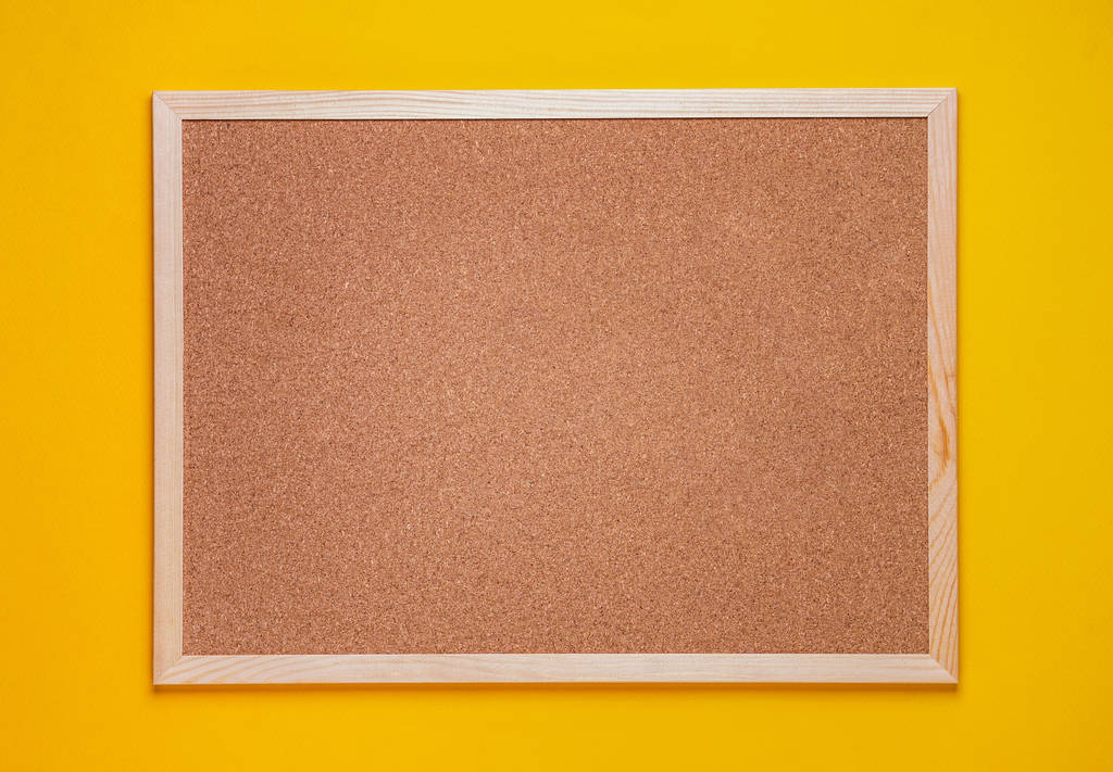 multicolored corkboard stickers pinned with buttons. yellow background. - Photo, Image