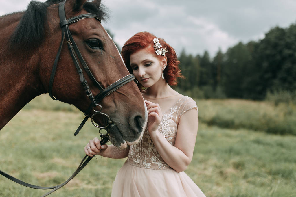 De bruid op een paard in het veld. Mooie bruiloft en foto shoot met een paard. - Foto, afbeelding