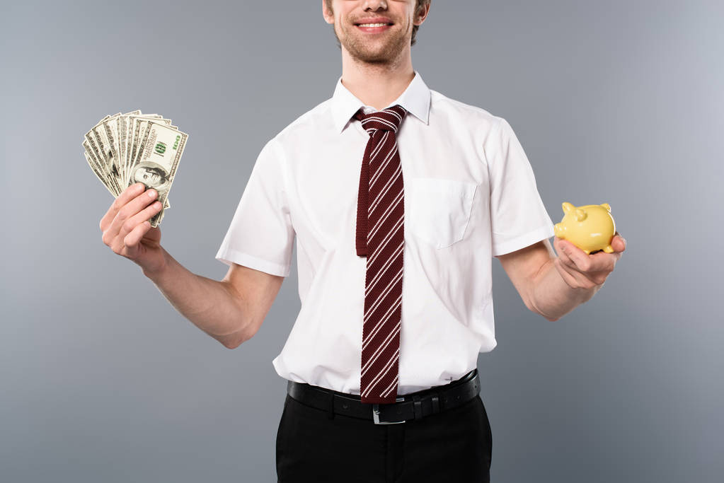 vista recortada de un hombre de negocios sonriente sosteniendo alcancía y billetes de dólar sobre fondo gris
 - Foto, Imagen