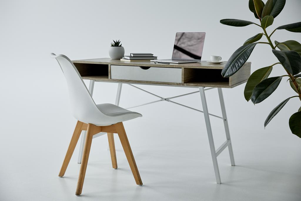 pracovní stůl s notebookem, knihami, květináčem a bílou židlí na šedé - Fotografie, Obrázek