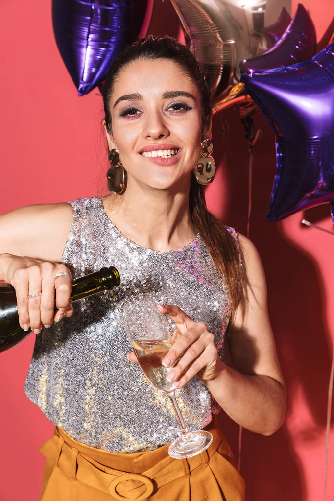 Portrait of lovely woman 20s in stylish outfit drinking champagn - Photo, Image