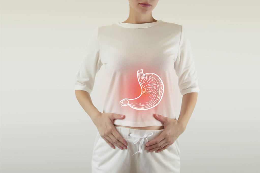 Composito digitale di stomaco evidenziato della donna
 - Foto, immagini