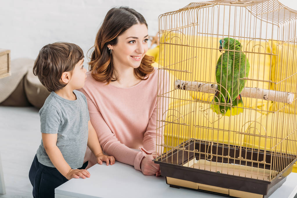 uśmiechnięta atrakcyjna kobieta z uroczym synem patrząc na zieloną papuga w klatce ptaków - Zdjęcie, obraz