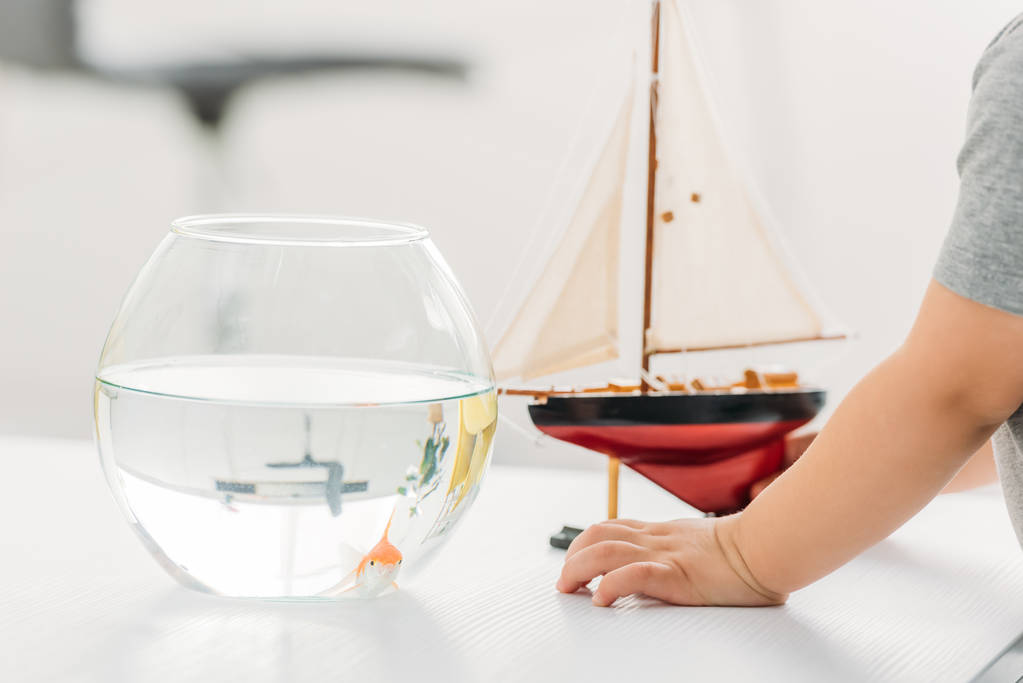 partial view of boy standing near fish bowl and wooden ship model - Photo, Image