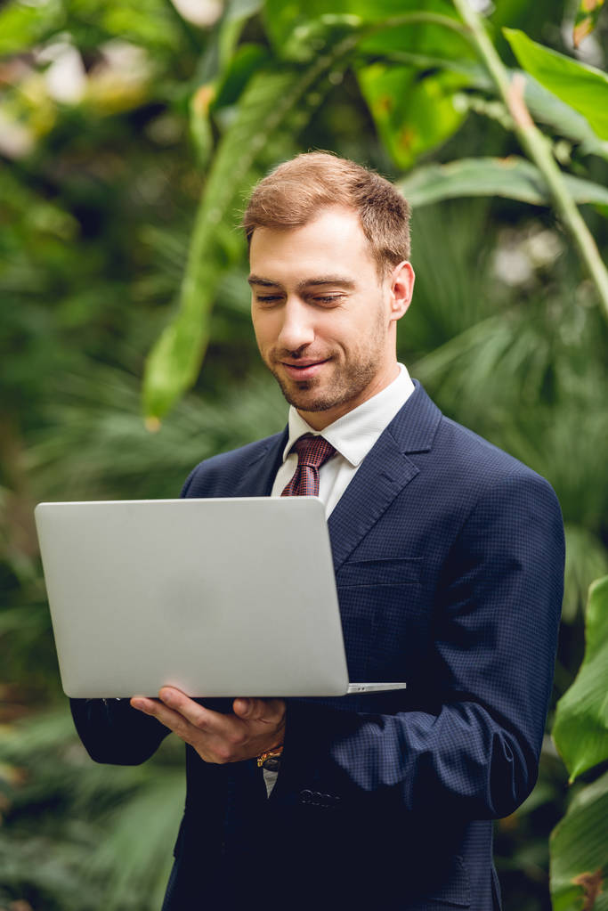 улыбающийся бизнесмен в костюме и галстуке с помощью ноутбука в оранжерее
 - Фото, изображение