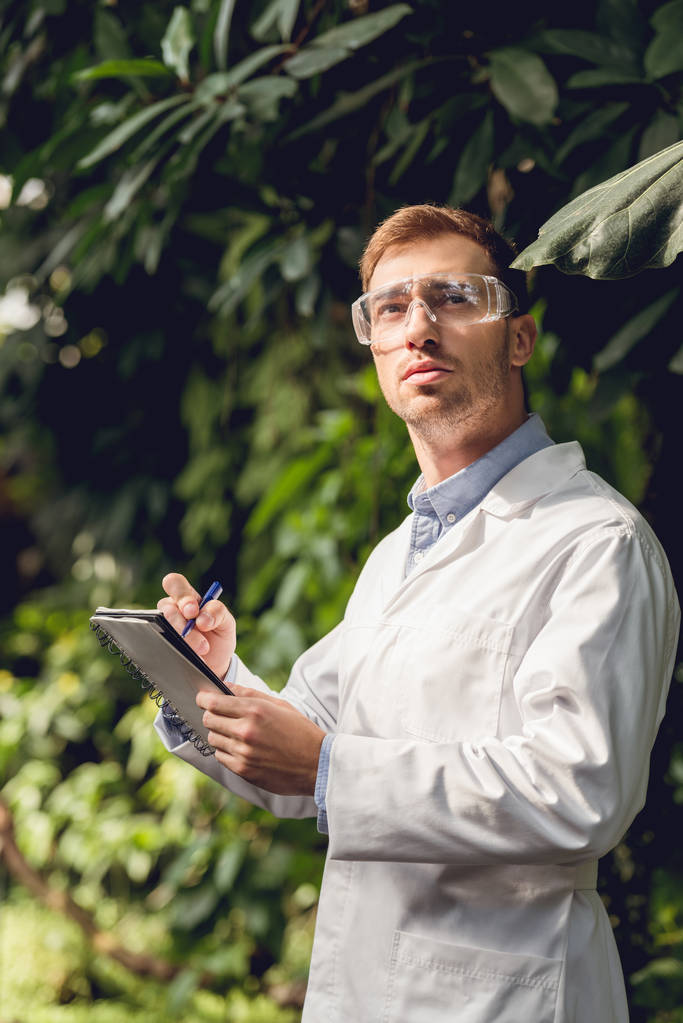 Wissenschaftler in weißem Mantel und Brille macht sich Notizen in grüner Orangerie - Foto, Bild