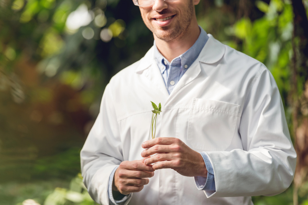 vista cortada de cientista feliz em casaco branco e óculos segurando frasco com amostra de planta em orangery
 - Foto, Imagem