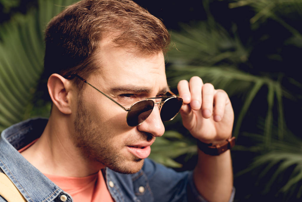 handsome adult tourist touching sunglasses in tropical forest - Photo, Image