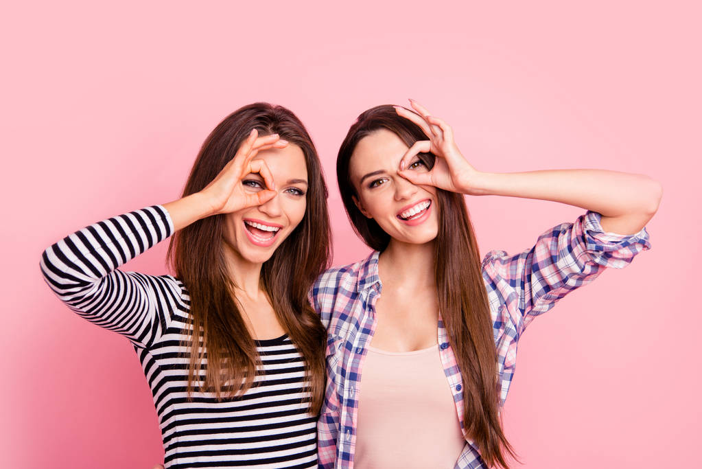 Close-up portrait of nice-looking attractive lovely fascinating magnificent winsome cheerful straight-haired girls wearing casual showing ok-sign like glasses isolated over pink pastel background - Photo, Image
