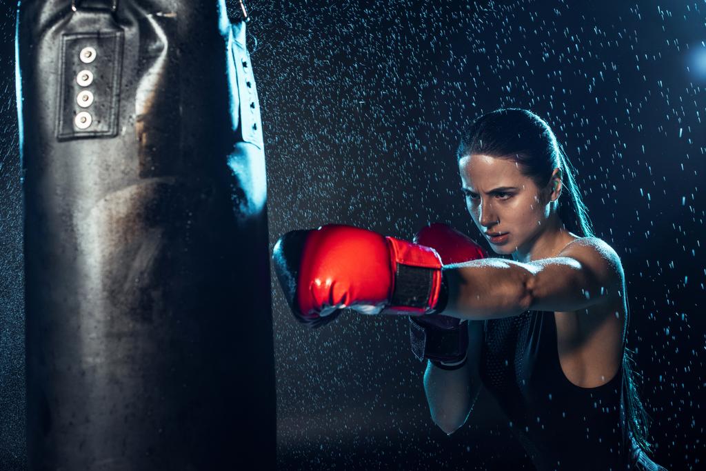 Boxeador fuerte en guantes de boxeo rojos de entrenamiento bajo gotas de agua en negro
 - Foto, imagen